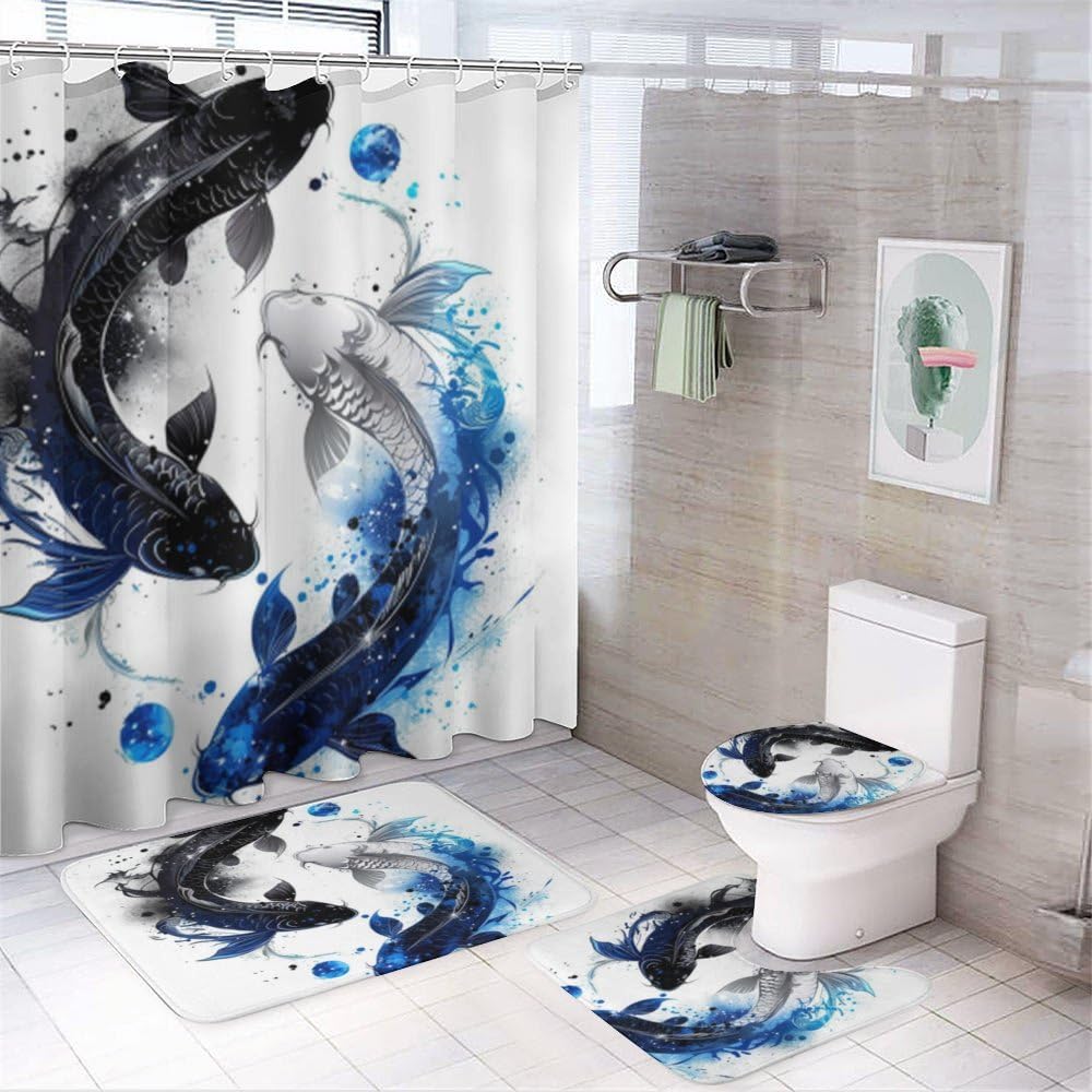 Rideau de douche poissons 180 x 180 et tapis de salle de bain anti-éclaboussures