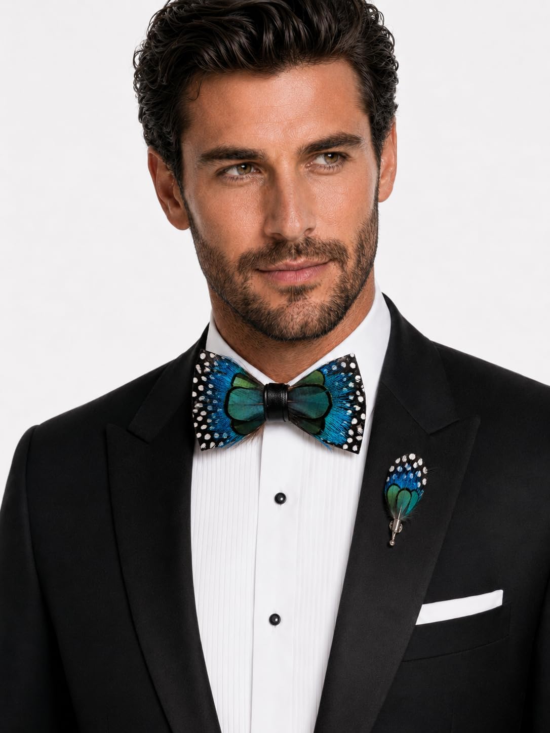 RBOCOTT Handmade Feather Pre-tied Bow tie and Brooch Sets for Men