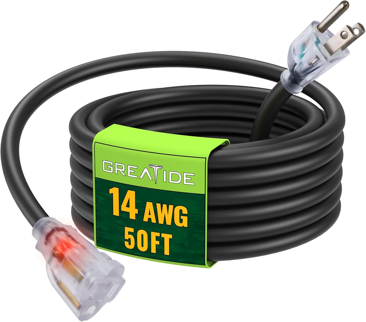 50 Ft 14/3 Lighted Outdoor Extension Cord - 14 Gauge SJTW Heavy Duty Black Extension Cable with 3 Prong Grounded Plug, Great for Lawn, Garden, Appliances