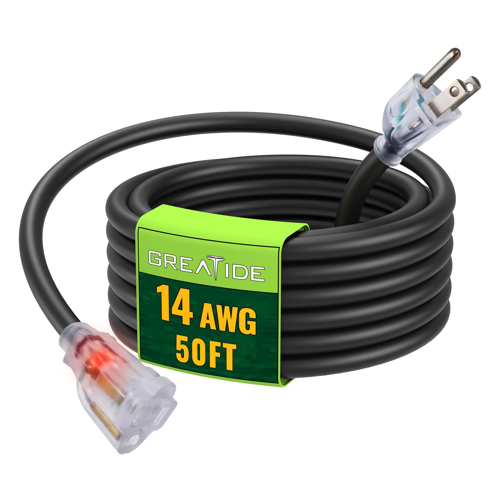 Cable de extensión para exteriores iluminado de 14/3 de 50 pies, calibre 14, cable de extensión negro resistente SJTW con enchufe de tierra de 3 puntas, ideal para césped, jardín,