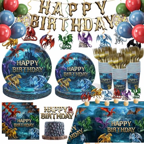 Dragon Birthday Party Decorations 185pcs Dragon Birthday Party Plates Cups Napkins Forks Tablecloth Banner Hanging Swirls Cake Toppers Balloons for Dragon Themed Party 25 Guests