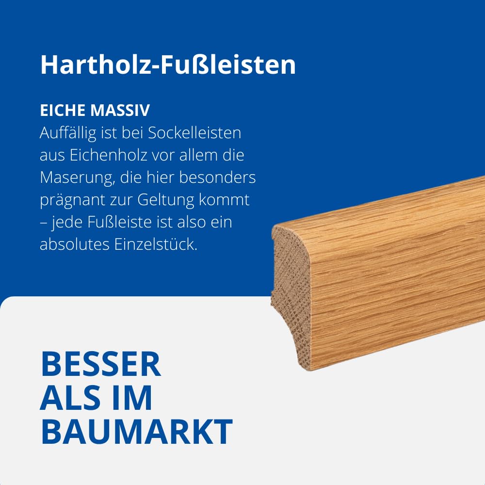 REESE - MASSIVHOLZ Sockelleiste - Eiche GEÖLT - Münchener Profil - Oberkante Rund - (40mm Höhe, 5 Stück / 11,5lfm) - nicht selbstklebend - 230 cm