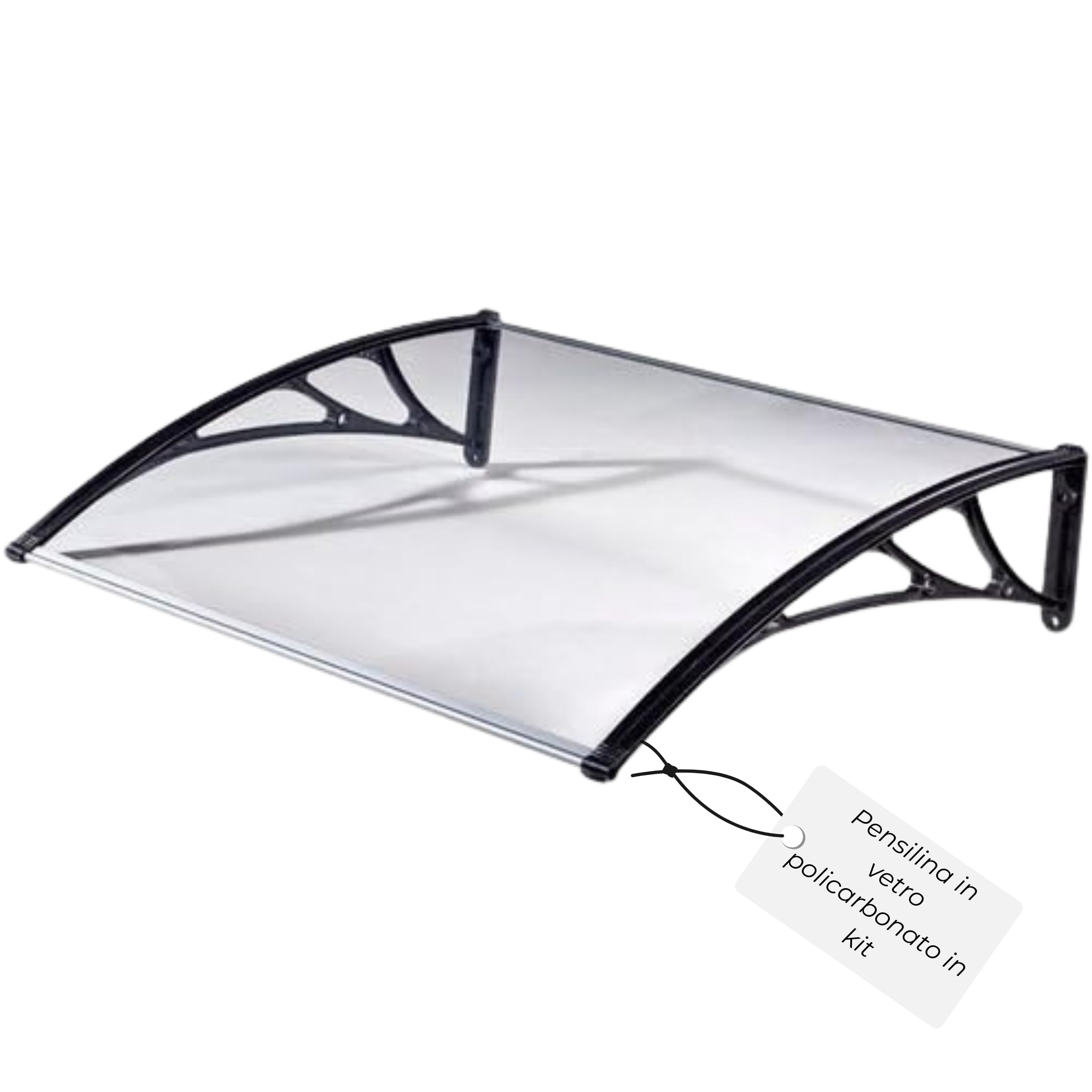 Pensilina Tettoia in Vetro Policarbonato Trasparente Fornita con Kit Completo Mensole Sostegno in ABS e Profili Longitudinali Color Alluminio Multiuso Ideale per Porte Finestre (100x80 cm)