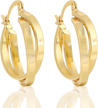 Gold Twisted Double Layer Hoop Earrings, Women's Creole Earrings, Sterling Silver 925 Post Earrings, Modern Women's Jewelry for Everyday Wear, Valentine's Day, Birth