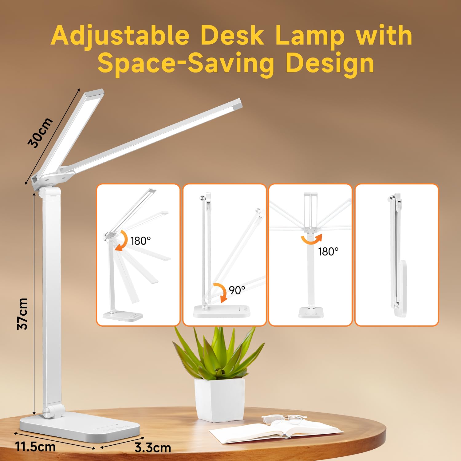 One Fire Lampe de bureau LED avec adaptateur, port de charge USB, 10 niveaux de luminosité, 5 couleurs – Lampe de bureau réglable pour bureau, chambre à coucher, table