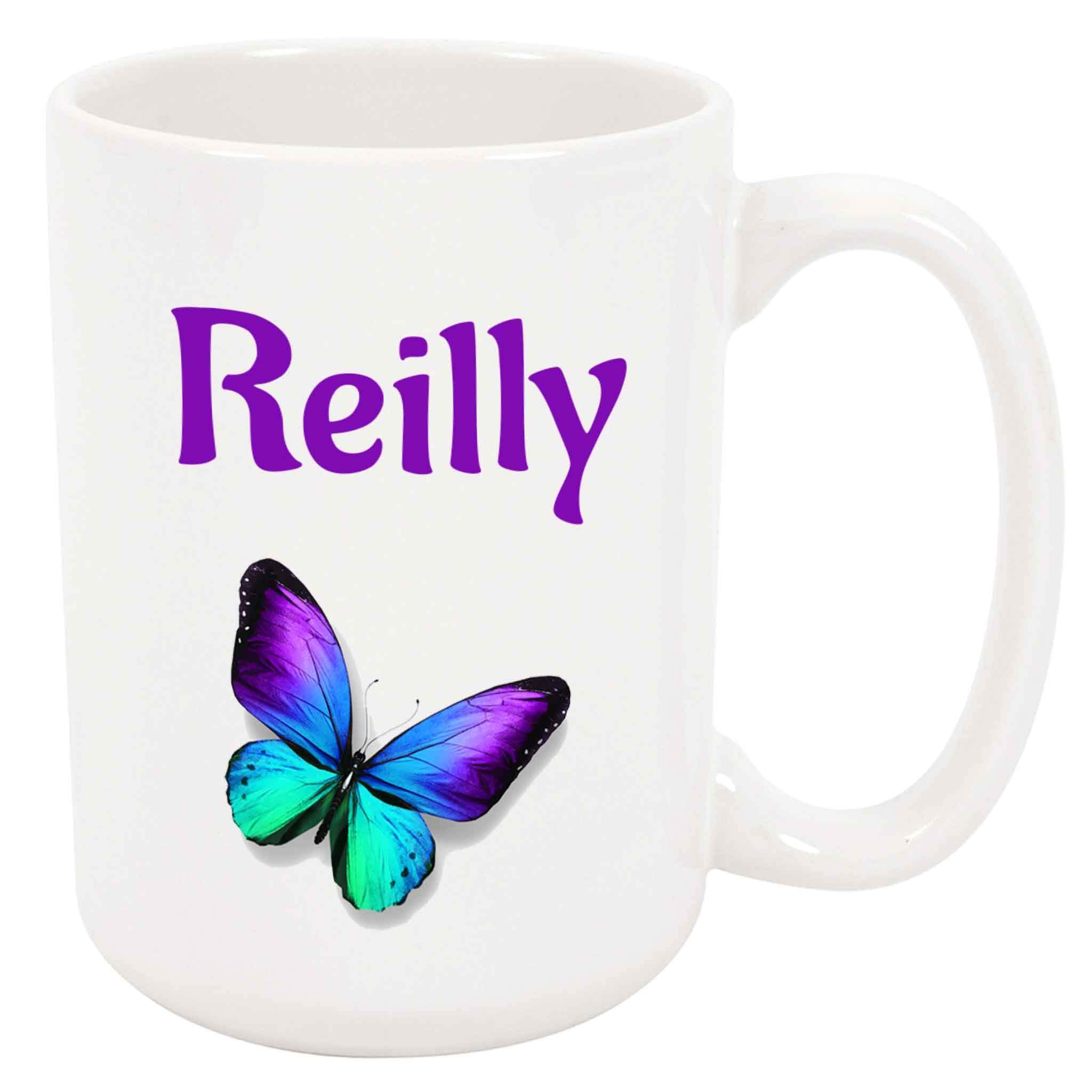 Reilly Coffee Mug - Personalized Butterfly Ceramic Cup with Name, Custom Hot Chocolate/Cocoa Mug, Customized Birthday/Christmas Gift, Holiday Present, 11 Ounces