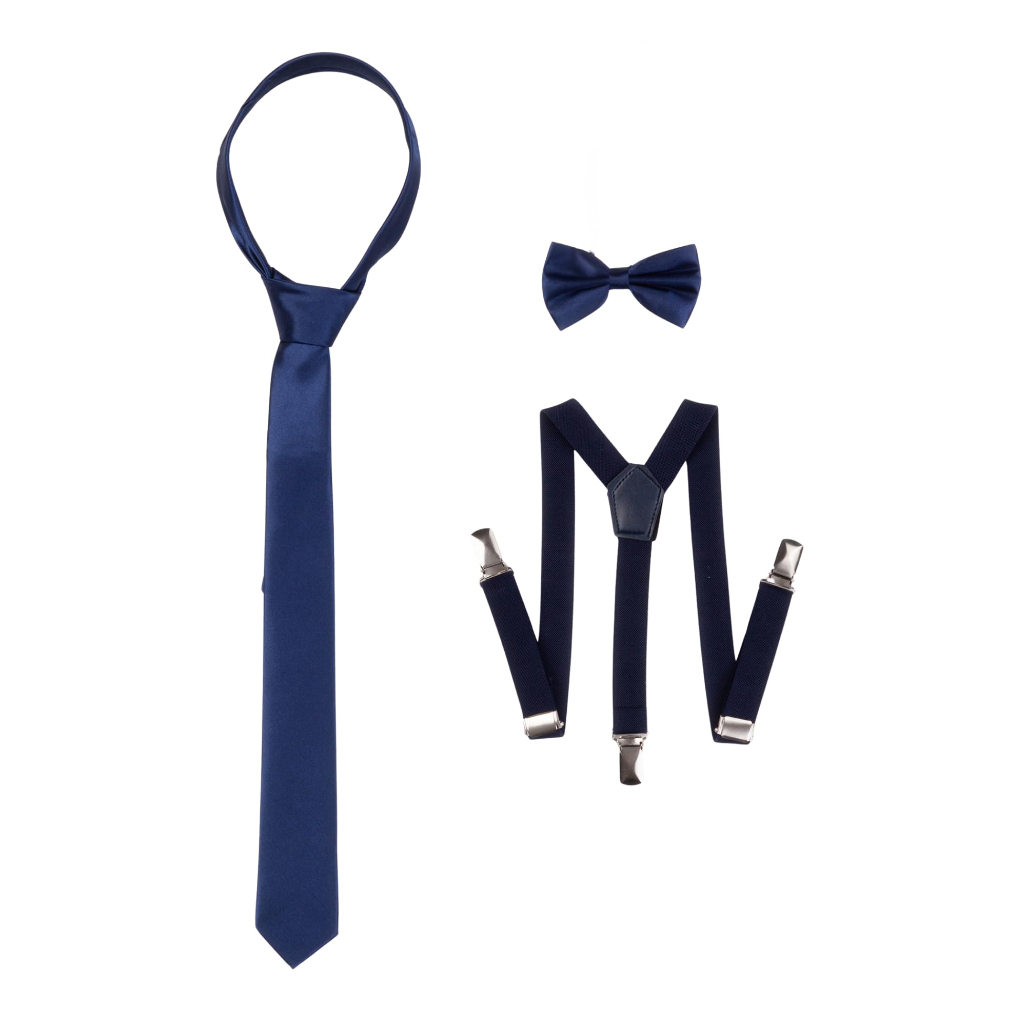 Rise&Raba Boys Navy Blue 3-Piece Kids Suspender, Bow Tie & Necktie Set | Adjustable Elastic Clip-On Braces, Bowtie & Tie For | And Girls Ages 1–8 (, 1-8 Year)