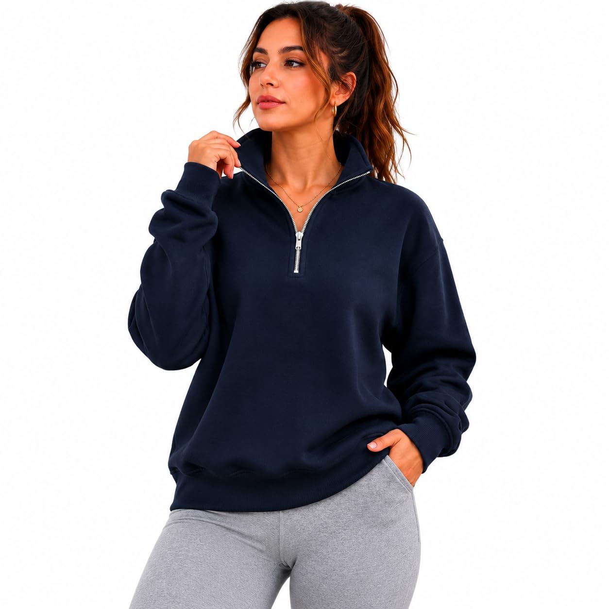 Urban Core Women’s Quarter Zip Sweatshirt – Regular Fit 1/4 Zip Jumper Soft Casual Pullover Top (UK, Alpha, S, Regular, Regular, 1, Navy)
