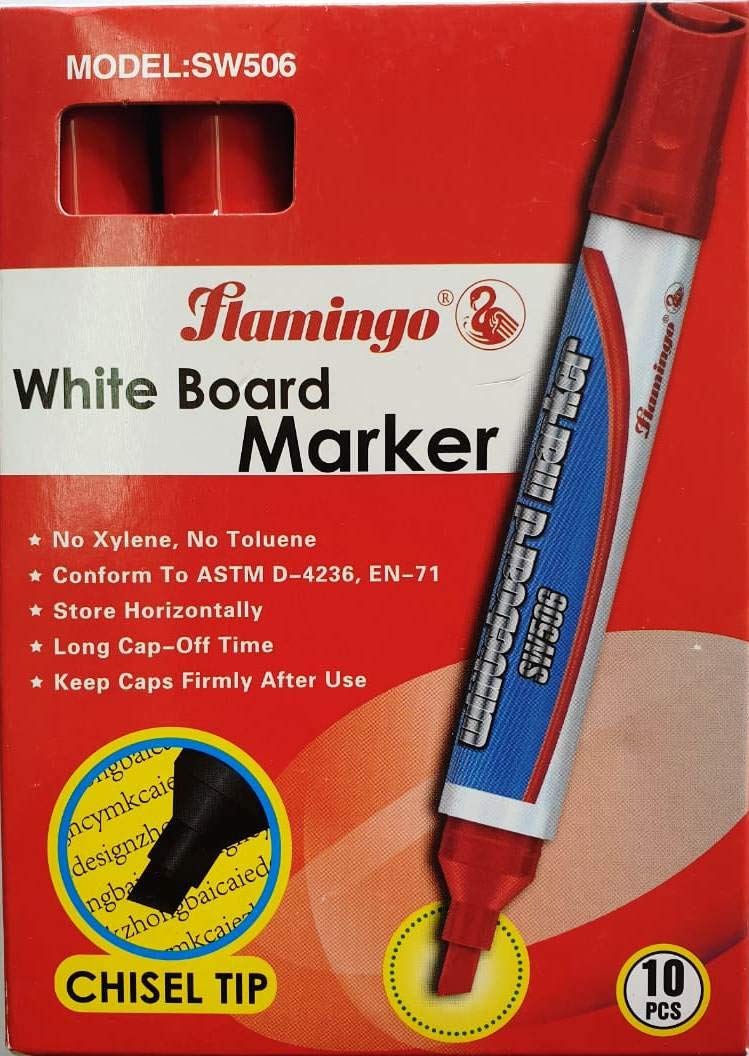 FlamingoWhite Board Marker - Chisel Tip () (Red) - 10Pcs