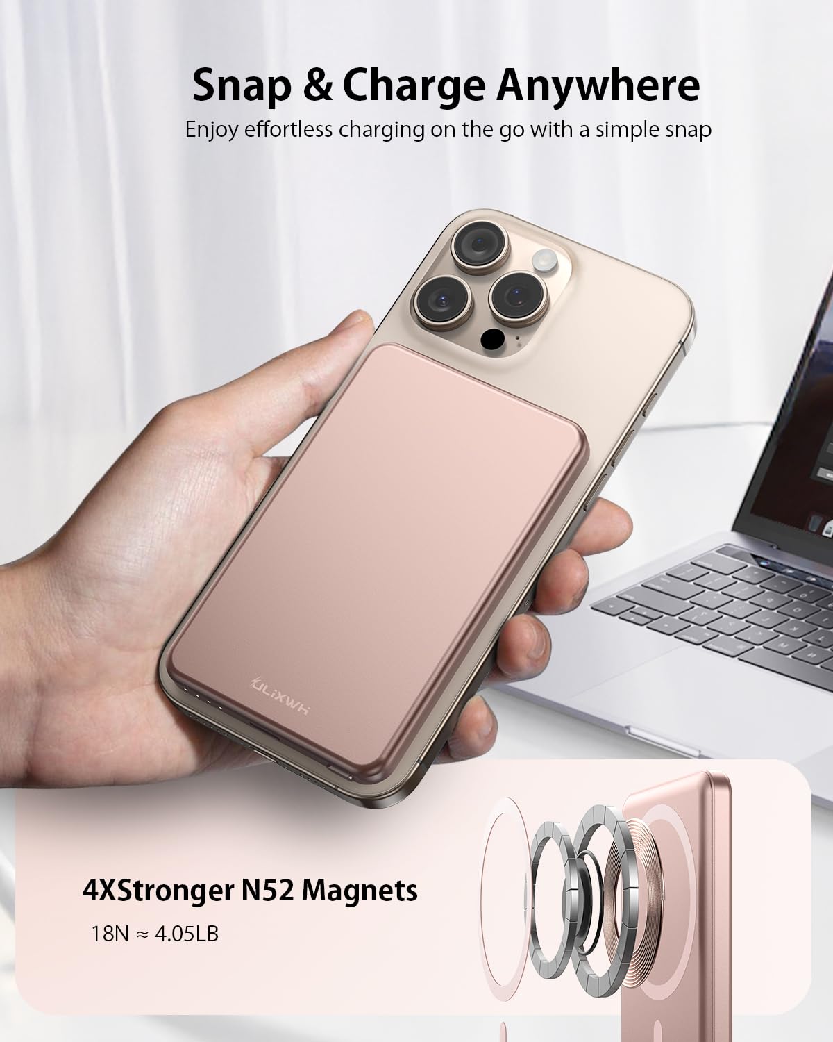 [0.3" Ultra Slim] [Alloy-Made] ULiXWH for Magsafe Portable Charger for iPhone, 2026 Upgrade 5000mAh Fast Charging Magnetic Power Bank, Wireless Battery Pack for iPhone 17 Air 16 15 Pro Max 14 13, Pink — view 5