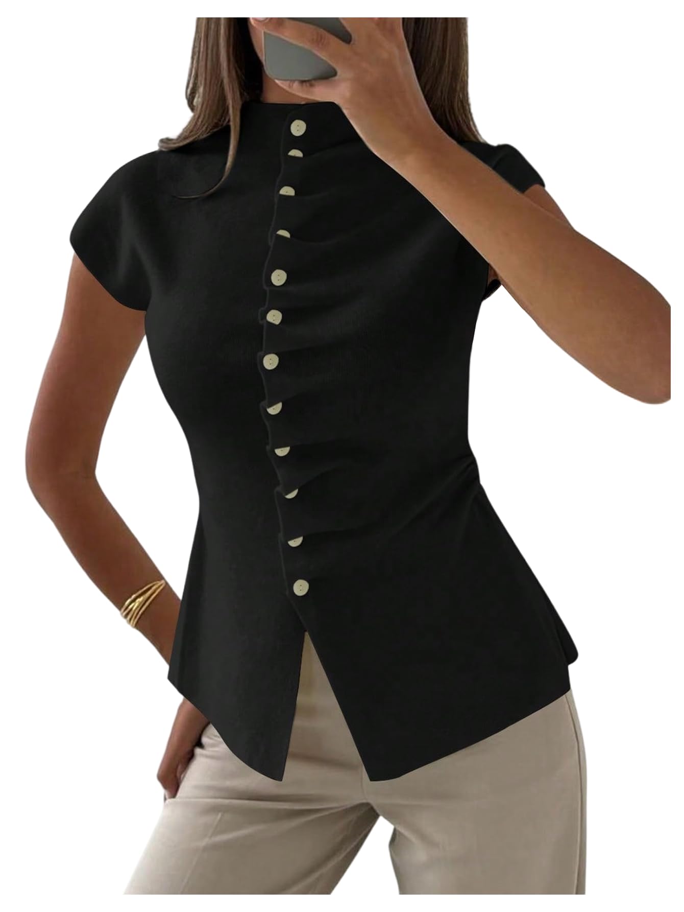 GORGLITTER Womens Short Sleeve Button Up Cardigan Y2K Ruched Mock Neck Knit Tops Fall Sweater 2025