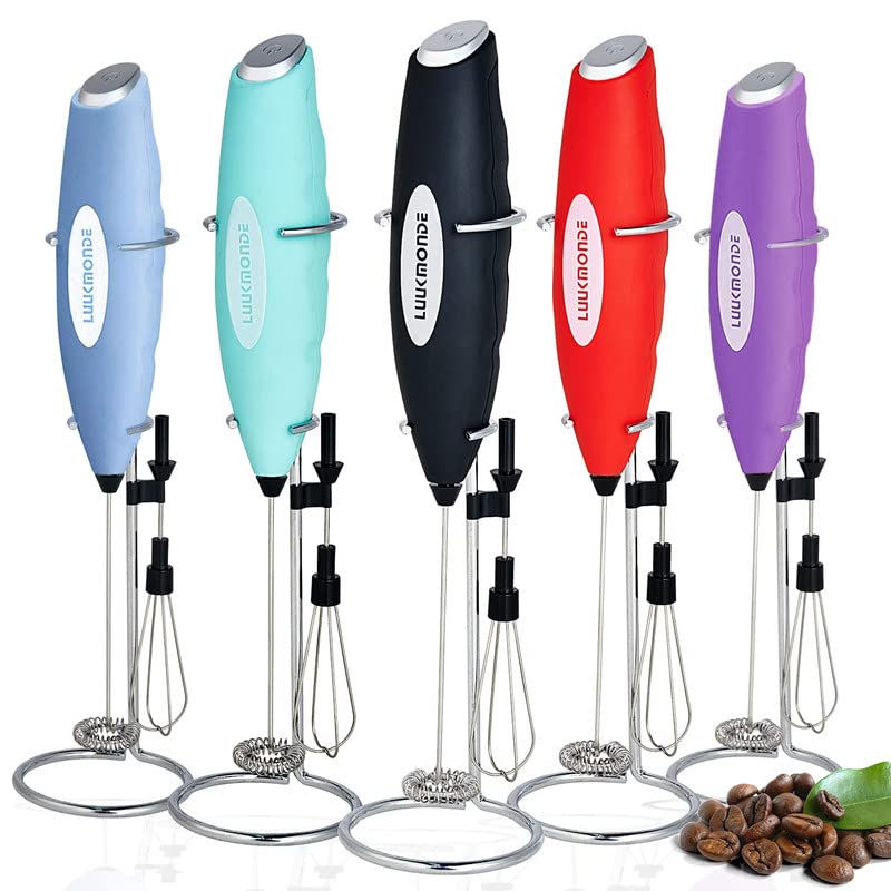 Image of Milk Frother Handheld with stand - Drink mixer and hot chocolate whisk with double stirrer circle - Foam Maker portable for coffee Latte Cappuccino by LUUKMONDE