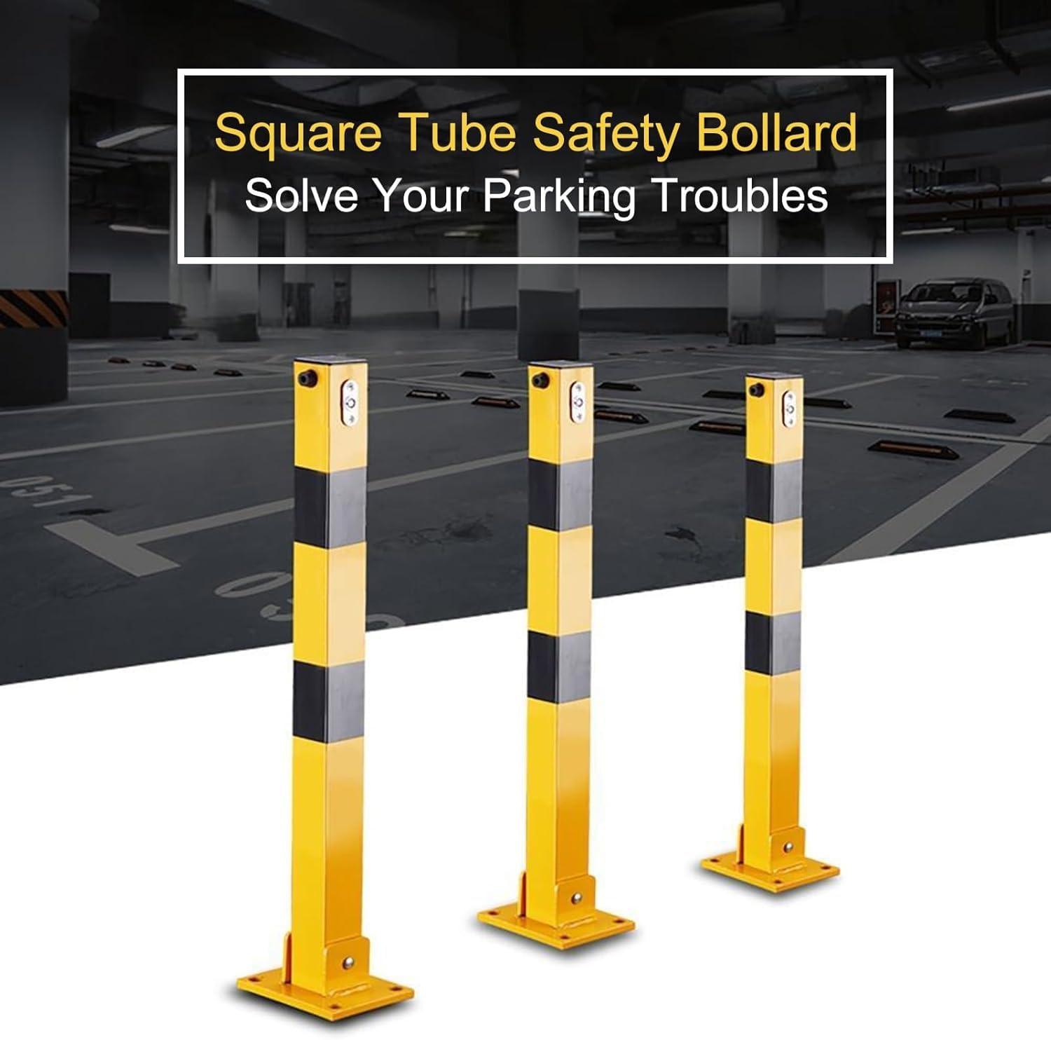 Bolardo de estacionamiento plegable de acero, poste extraíble resistente con bloqueo y rayas de advertencia, barrera de seguridad para seguridad de calle y garaje