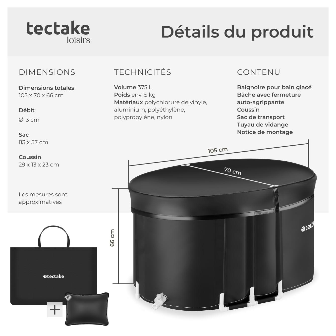 tectake® Baignoire à glace 105 x 70 x 66 cm Bain nordique 375 Litres Bain froid, Sac de transport et Coussin d’eau Baignoire pliable adulte Ice bath Recuperation musculaire Cryothérapie Sport maison