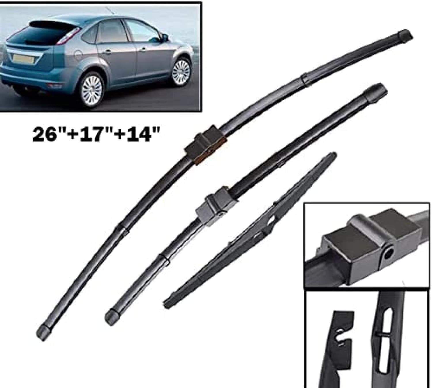 Per Ford Focus 2 2005 2006 2007 2008 2009 2010 2011 Tergicristallo Anteriore Tergicristallo Posteriore Set di spazzole Parabrezza Parabrezza Anteriore Lunotto posteriore 26 "+ 17" + 14 "Tergicristalli