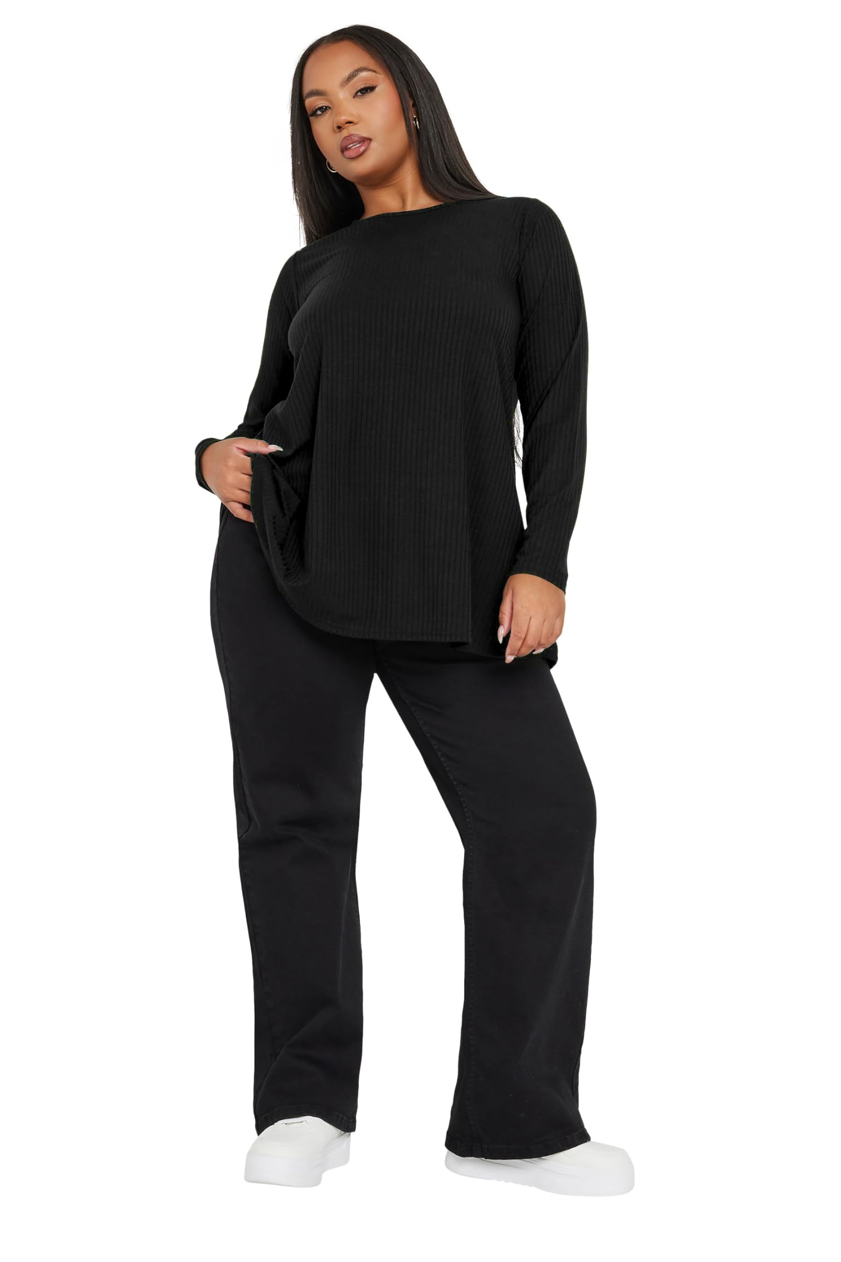 Yours Curve Long Sleeve Ribbed Swing Top - Women's - Plus Size Curve Black