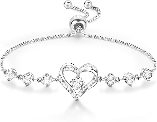 Bracelets for Womens,Sterling Silver Bracelet for Women 925 Silver,Friendship Bracelet,Adjustable Womens Heart Bracelet with Zircons,Jewellery for Women,Gifts for Women,Gifts for Mother's Day