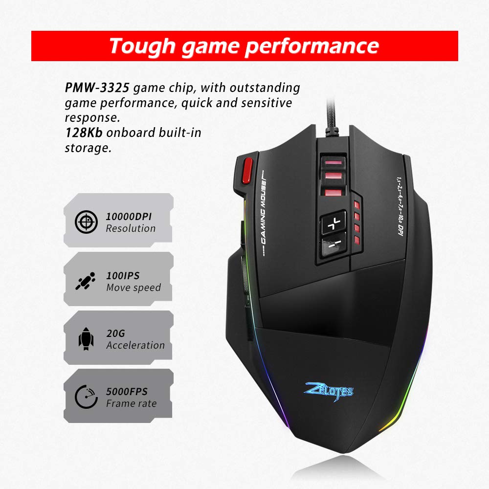 Zelotes C-13 mysz gamingowa Wired 10000DPI, RGB, z 13 przyciskami programowania, 128 KB, wbudowana pamięć