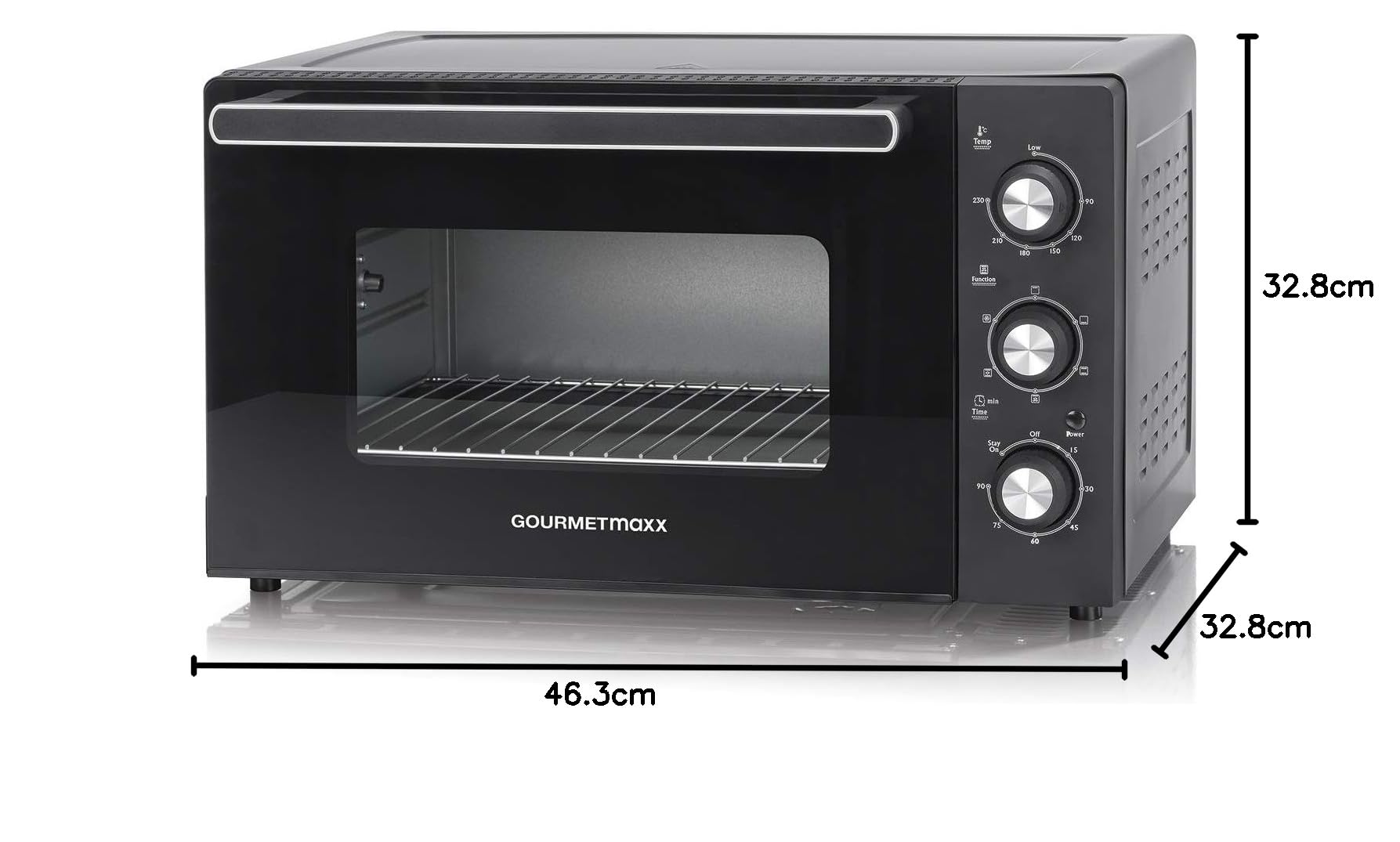 GOURMETmaxx Minibackofen mit Umluft | 42 Liter Fassungsvermögen, Ober- und Unterhitze mit Umluft und Heißluftfunktion | Backblech, Rost und Hühnerspieß inklusive [90-230°C, 1500 Watt]