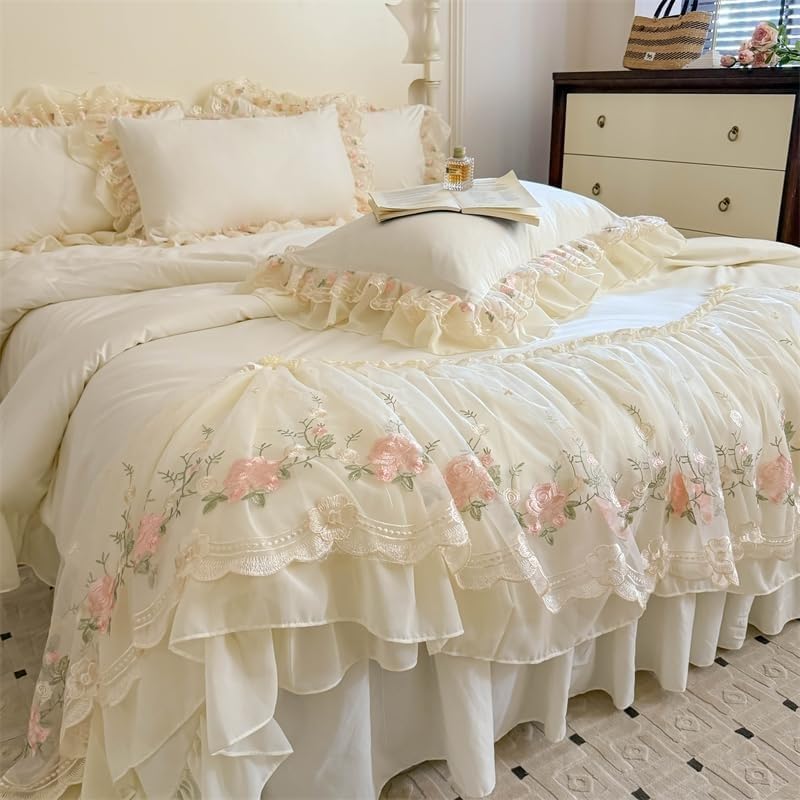 Parure de Lit 4 Pièces à Dentelle Style Français Chic - Couverture-Drap,Drap de Lit et Housses de Traversin pour Fille,Literie Style Coréen Princesse,Ultra Doux et Léger(White,Twin)