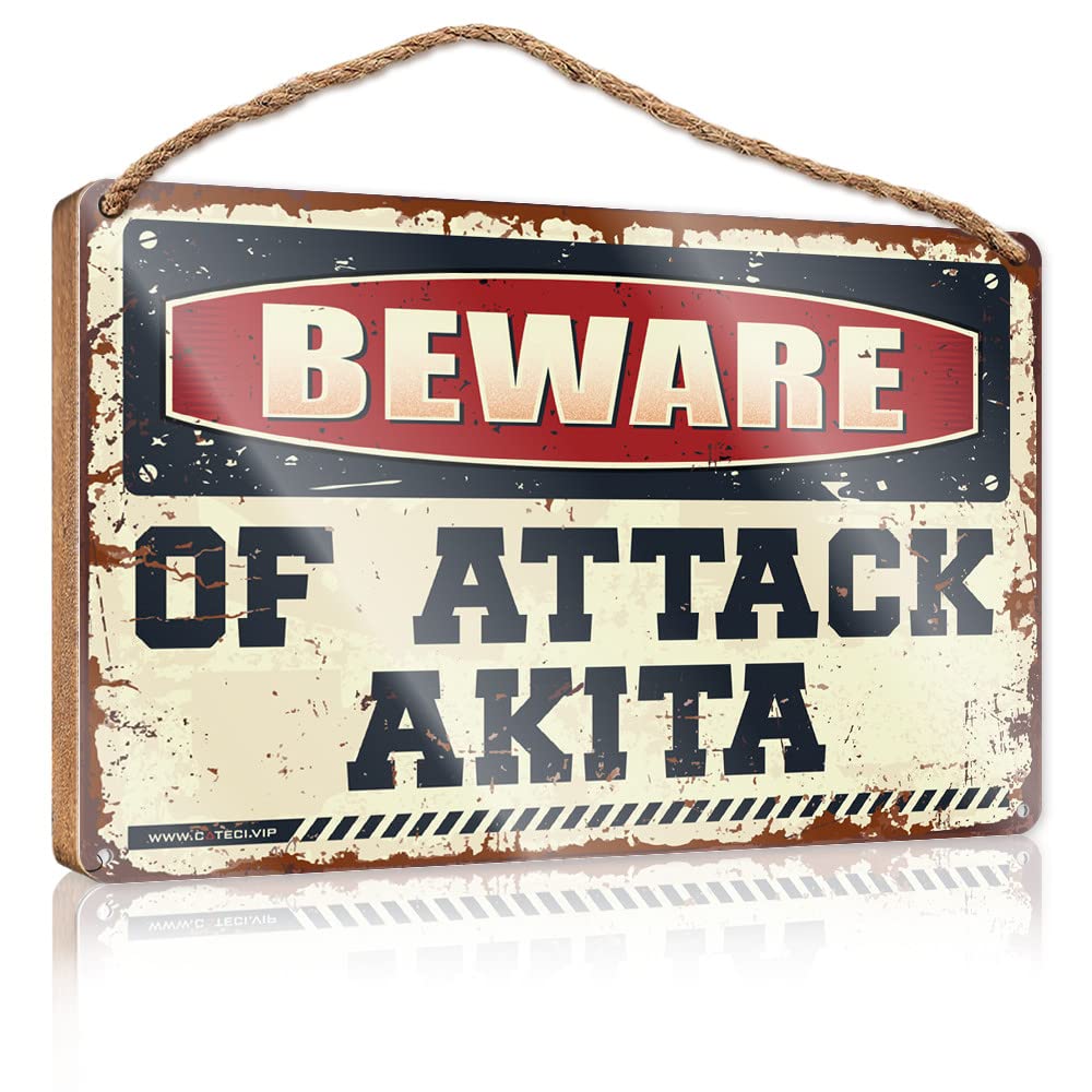 DTHA Hanging Decor Porch Beware Of Attack Akita Wooden Sign Hanging Wooden Sign Diy Funny Kitchen Decor(15X28CM)