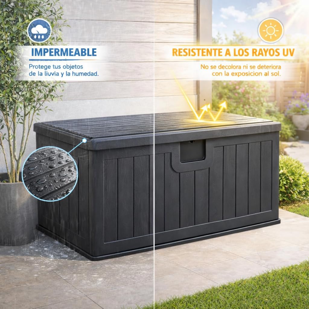 Baúl exterior almacenaje de resina impermeable multiusos 410L | Arcón de jardín resistente a la intemperie | Almacenamiento de cojines, herramientas o juguetes | Cofre organizador con tapa y asas — view 4