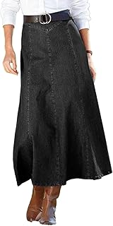 Flamingals Long Denim Skirt for Women High Waisted Vintage Pleated Flowy Swing A-line Maxi