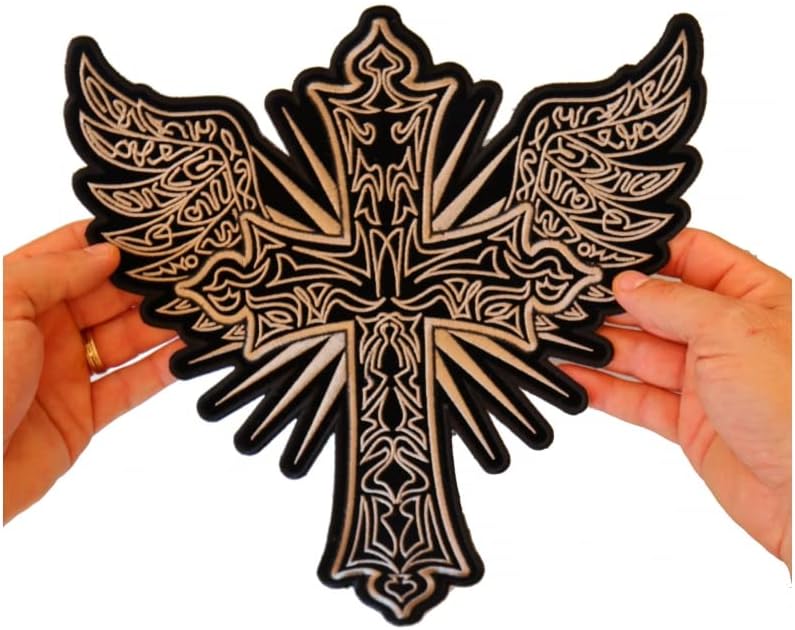 Large Back Patch, Embroidered Patch (Iron-On or Sew-On), Brown/Gold Christian Cross and Wings Large Back Patch, 11" x 12"