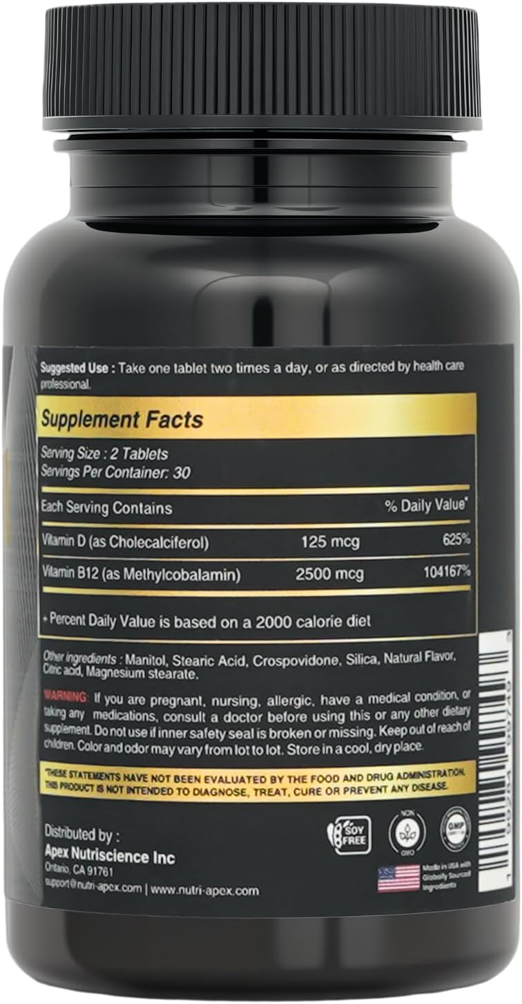 Vitamin B12 2500mcg + Vitamin D3 5000 IU (125mcg) Sublingual Tablets, 60 Count, Daily Energy & Bone Support, Lab Tested, Made in USA (120 Count (Pack of 2))