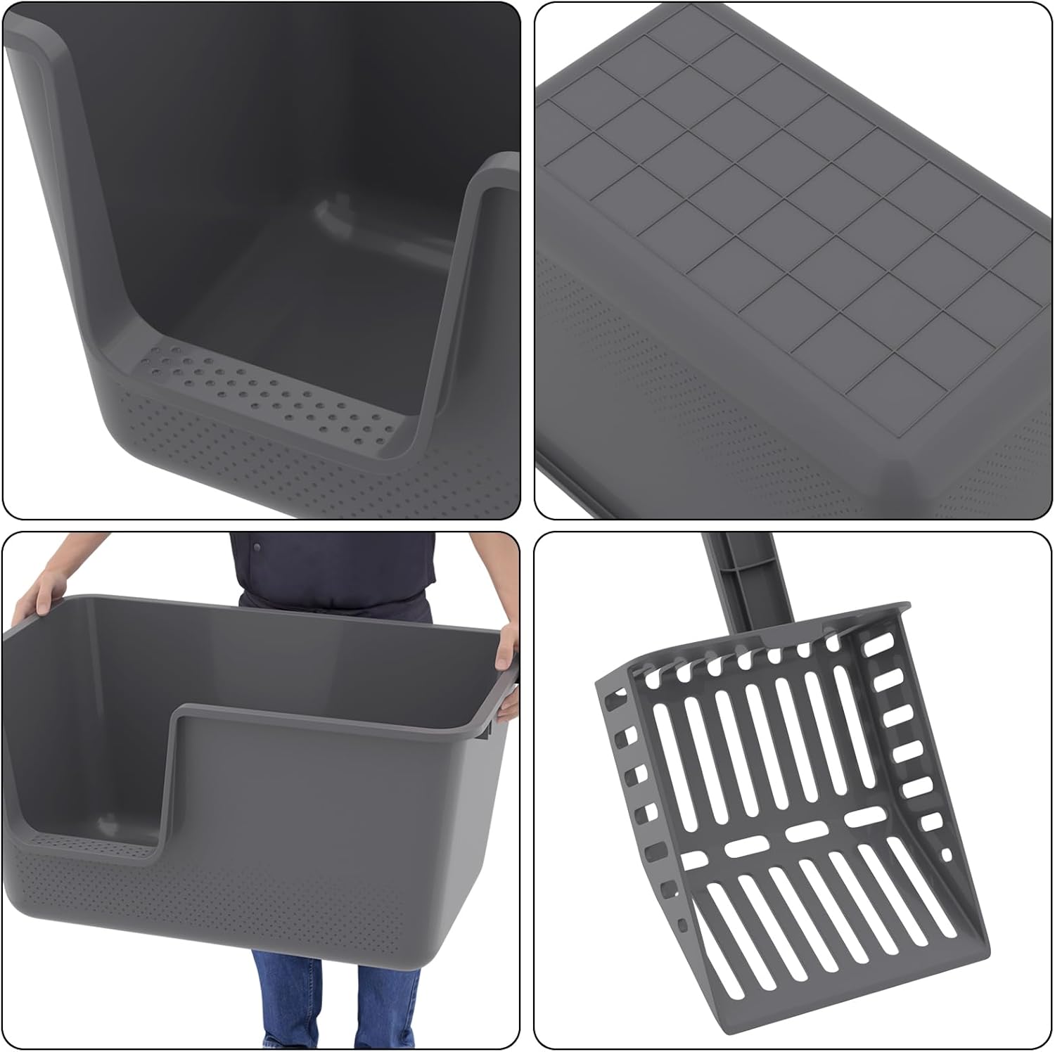 2 Packs Extra Large Open Top Cat Litter Box with Scoop, High Side Cat Litter Pan, 24.35" x 15.12" x 12.9", Gray