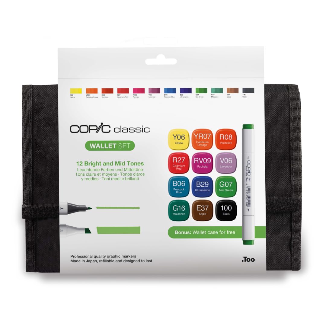 COPIC Classic Set «Bright Colours», set de 12 en cartera, rotuladores dobles con punta media y fina