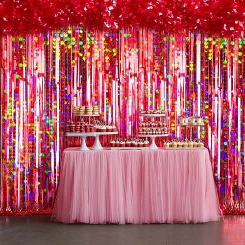 Image of 4 Packs Red Foil Fringe Curtain, Red Glitter Metallic Tinsel Backdrop for Birthday, Wedding, Baby Shower, Halloween, Christmas, Carnival, Casino Party Decorations Supplies