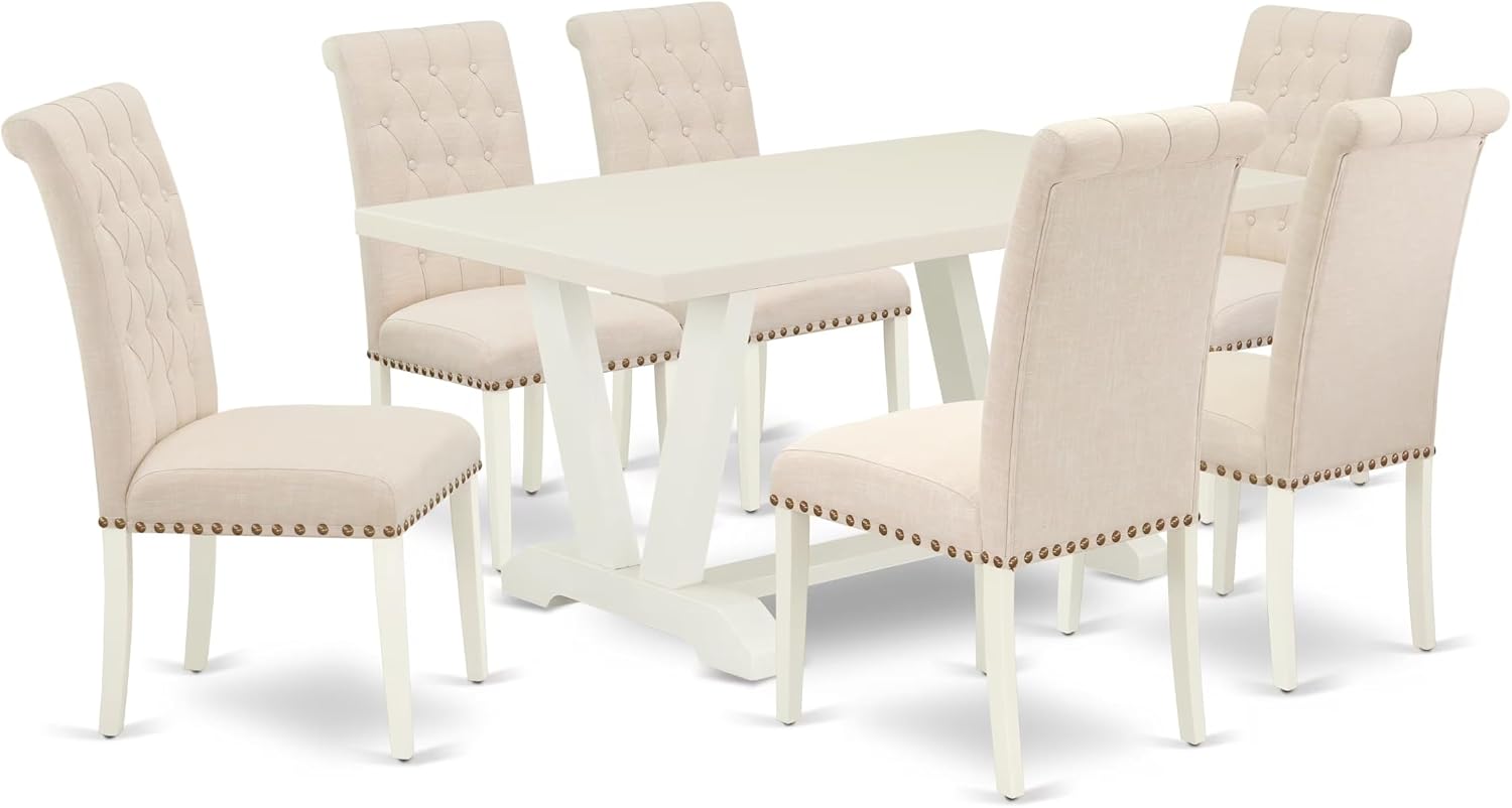 East West Furniture V026BR202-7 7 Piece Dining Set Consist of a Rectangle Dining Room Table with V-Legs and 6 Light Beige Linen Fabric Upholstered Parson Chairs, 36x60 Inch, Multi-Color