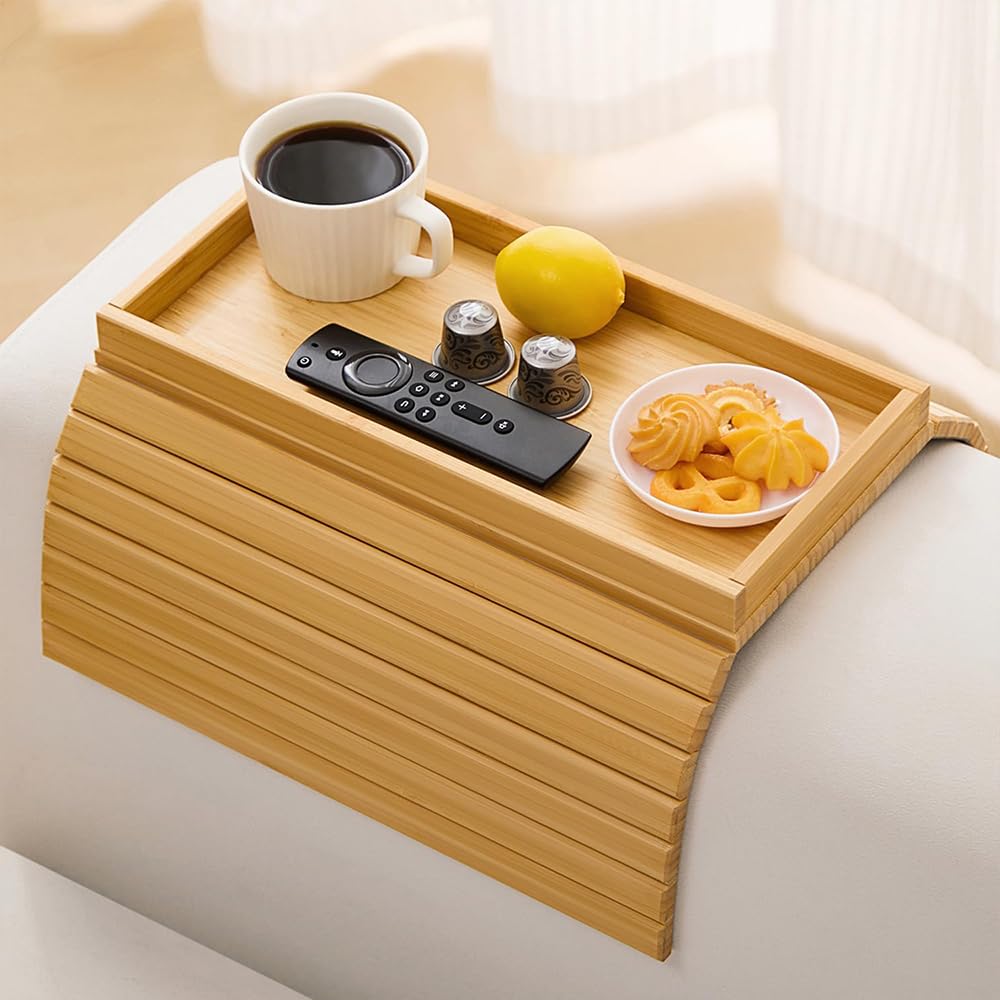 Bamboo Couch Arm Tray Table, Foldable & Anti-Slip Portable Sofa Armrest Tray for Drinks, Phone, Snacks, Remote, and Books (Bamboo)