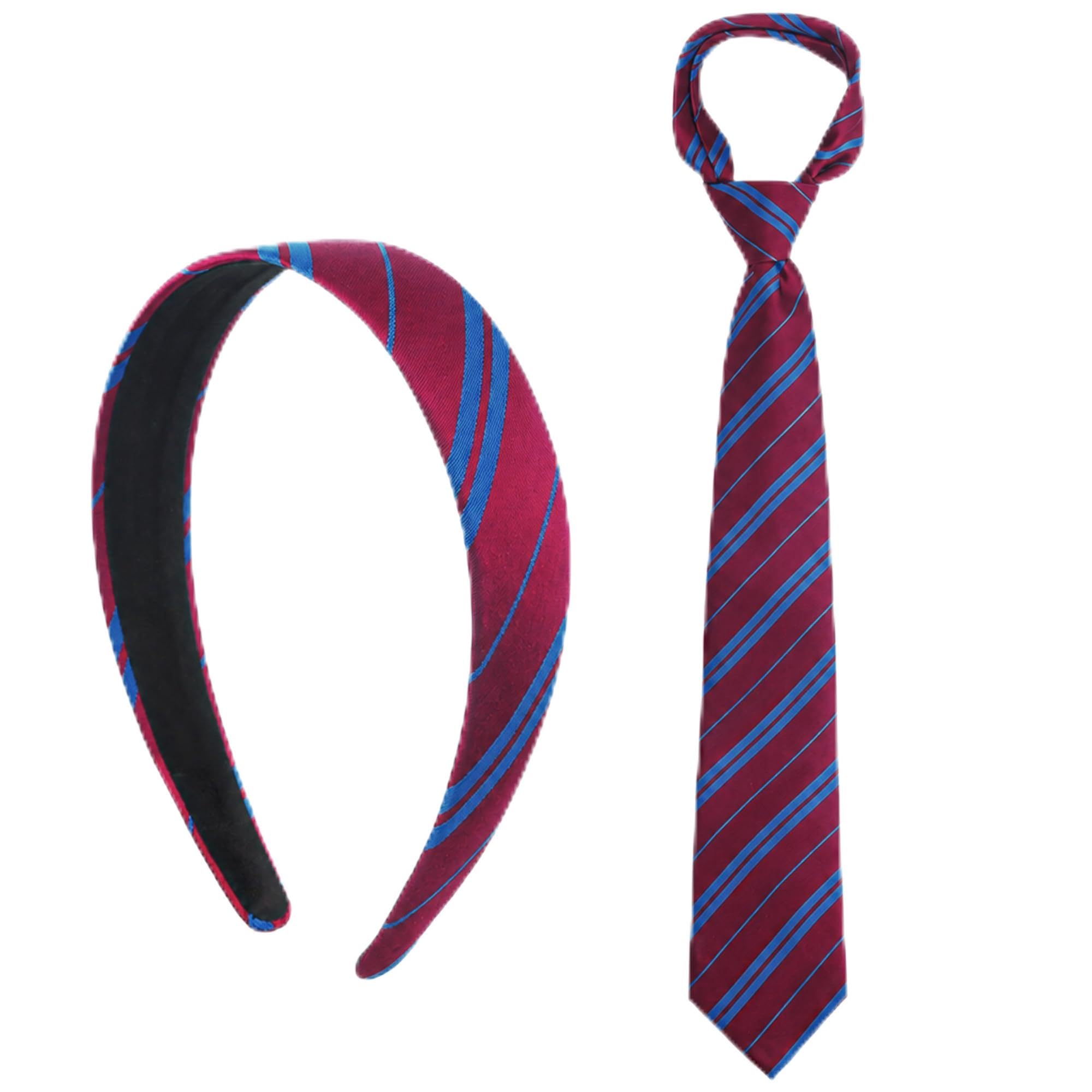Halloween Party Cosplay Accessory Set for Women Teens, College Style Striped Tie & Headband Role Play Dress Up Kit, Red Blue, One Size