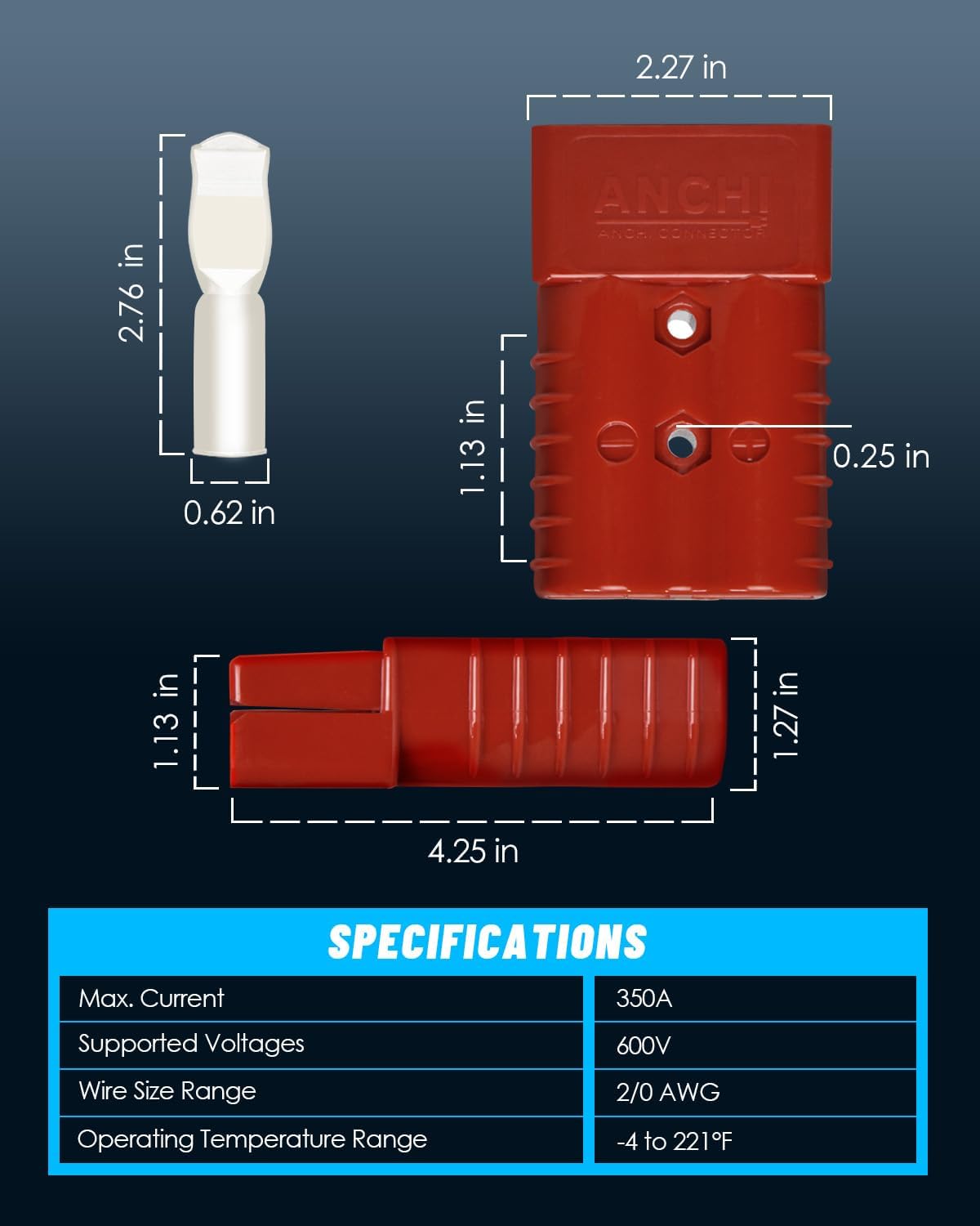 Kit 350 Amp 4Pcs Connectors Plugs 350A Quick Connect Disconnect 600 V+ 4 Pcs 350 amp Handle Battery Power Connector+4 Pcs Cover Dust (350A Red 4Pcs 2/0AWG)