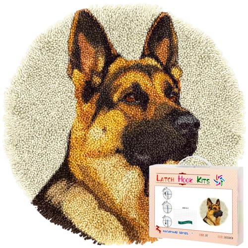Latch Hook Rug Kit German Shepherd Dog Stamped Handmade Round Shape Carpet Crochet Yarn Craft DIY Hook and Latch Door Mat Tapestry for Christmas Home Floor Decor 50x50cm(1)