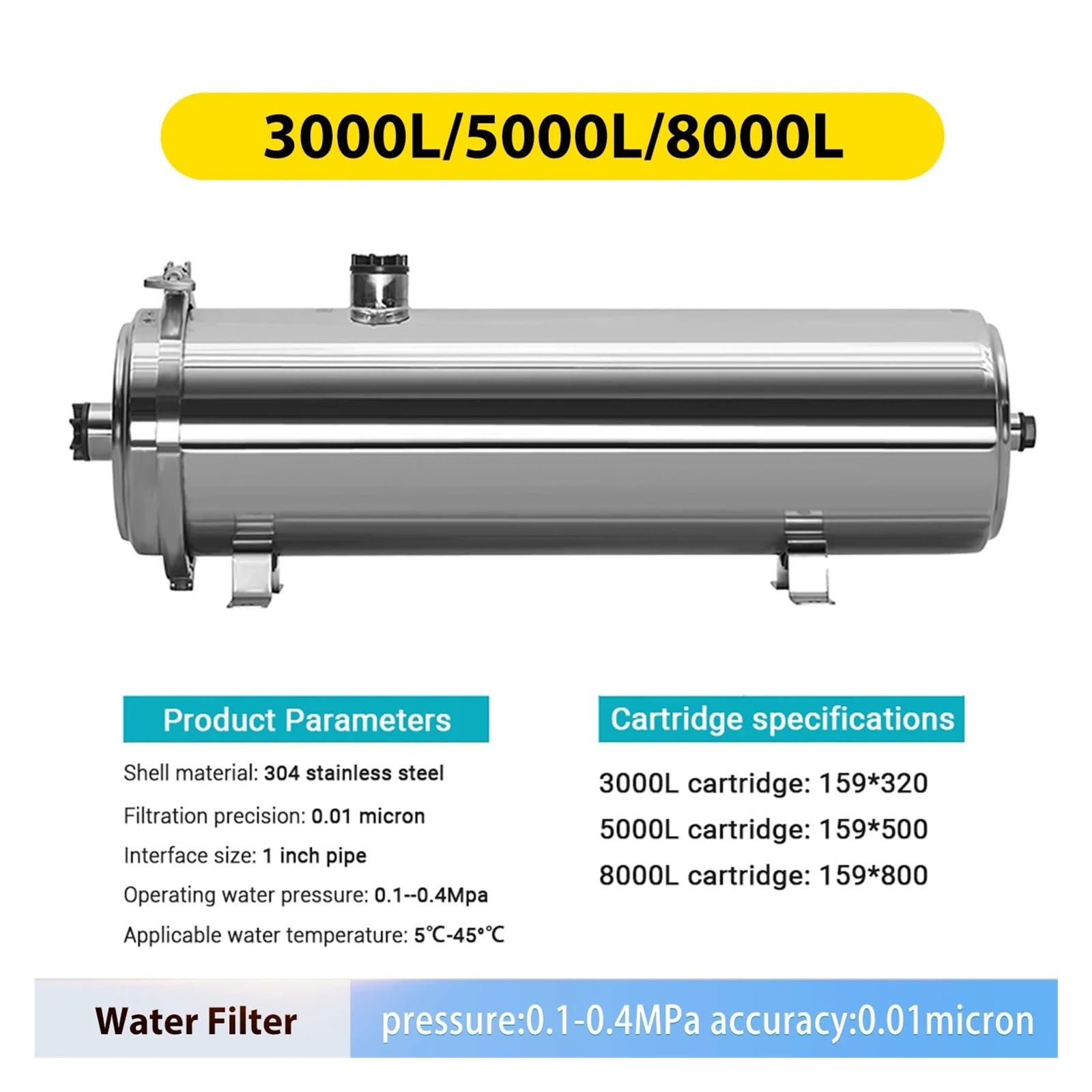 Ultrafiltrations-Wasserreiniger, Edelstahl-Wasserfiltersystem, 0,01 μm Membran, Küchenwasserreiniger Austausch unter der Spüle(8000L)