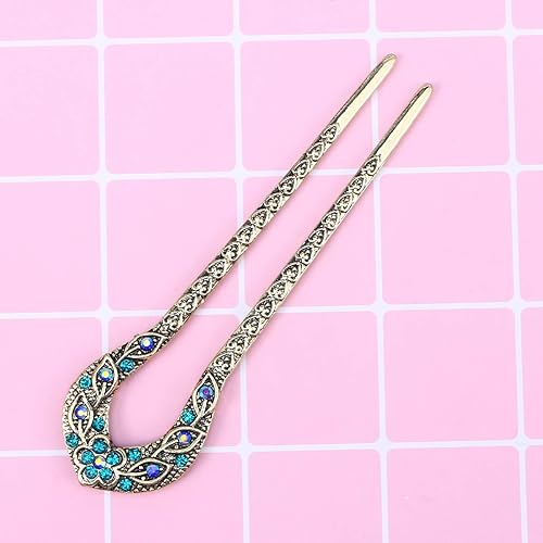 Miniatura 9 de Lurrose Pin de pelo de doble punta en forma de U de cristal Chignon Horquilla Stick Accesorio de peinado para mujeres niñas (azul)