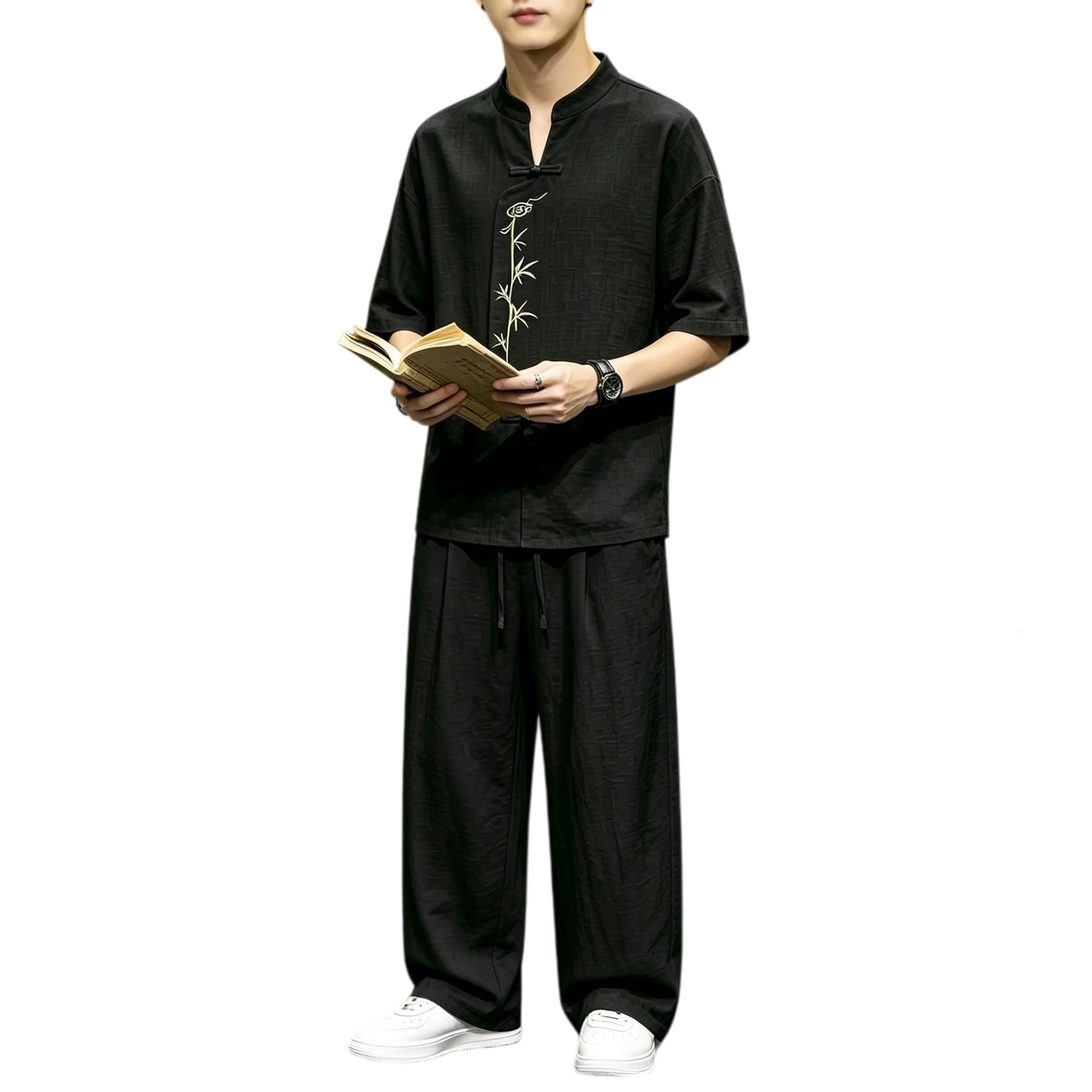 Set 2 pezzi da uomo ricamato con maglia a maniche corte | Ricamo ramo,Abbottonatura a rana,Pantaloni larghi,Abbigliamento primaverile