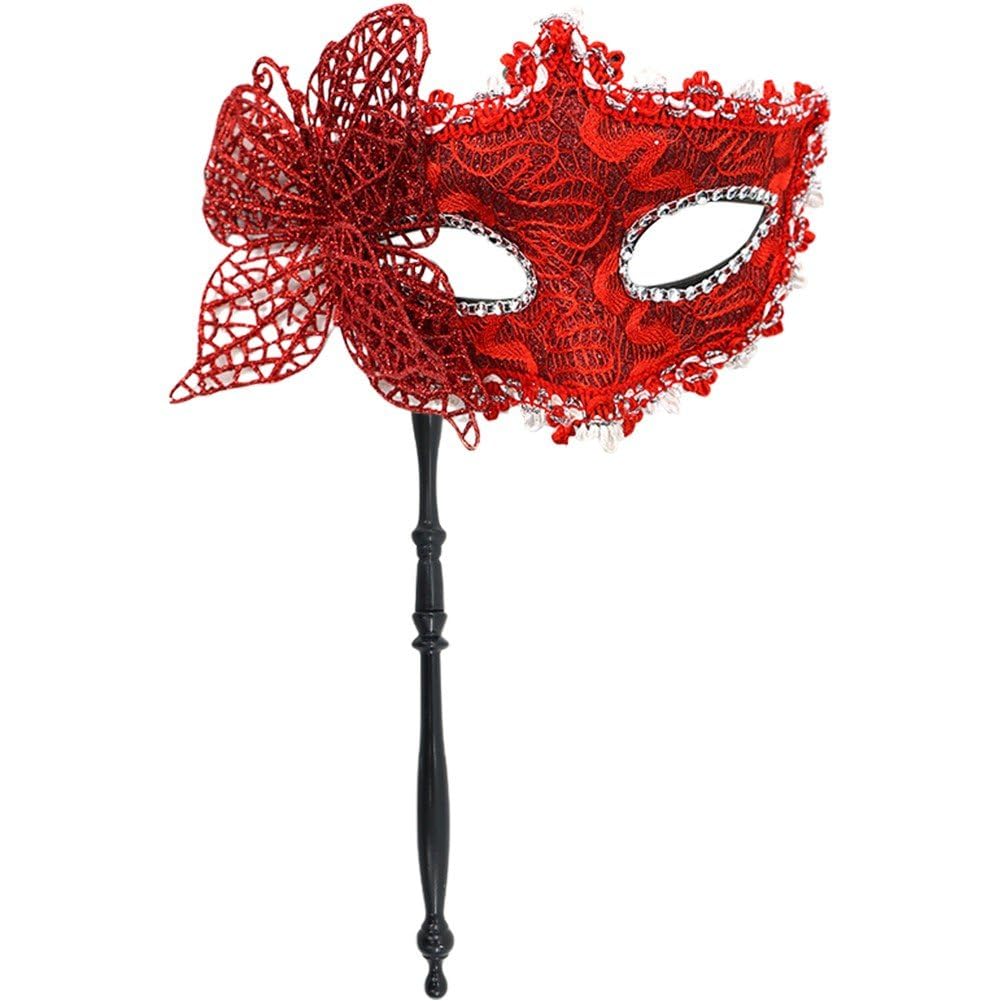 Baokuan Women's Red Masquerade Mask With Holding Stick Venetian Mask Mardi Gras Mask Christmas Halloween Costume Carnival Party Butterfly Mask For Men