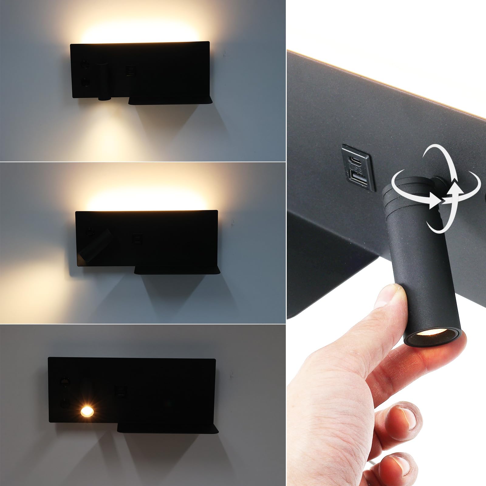 Alpinaluz Applique da Parete Nero Opaco con Faretto LED Sinistro, Luce Calda 2700K, Porte USB-C e USB-A, Interruttori Indipendenti e Mensola Metallica per Cellulare