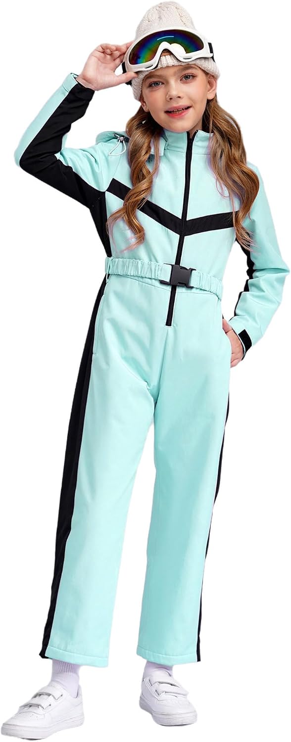 FEESHOW Girls One Piece Ski Suit Hooded Snowsuit Windproof Waterproof Overalls Warm Winter Snowboard Ski Suit Light Green 6 Years
