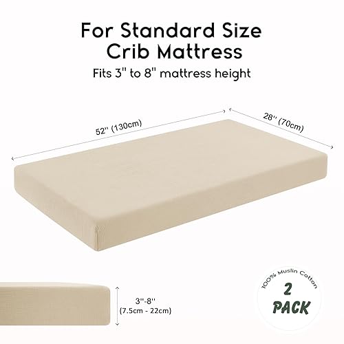 Miniatura 3 de Yoofoss Juego de 2 sábanas de muselina para cuna, para niños y niñas, 100% algodón, suaves y transpirables, para colchón estándar de cuna y colchón