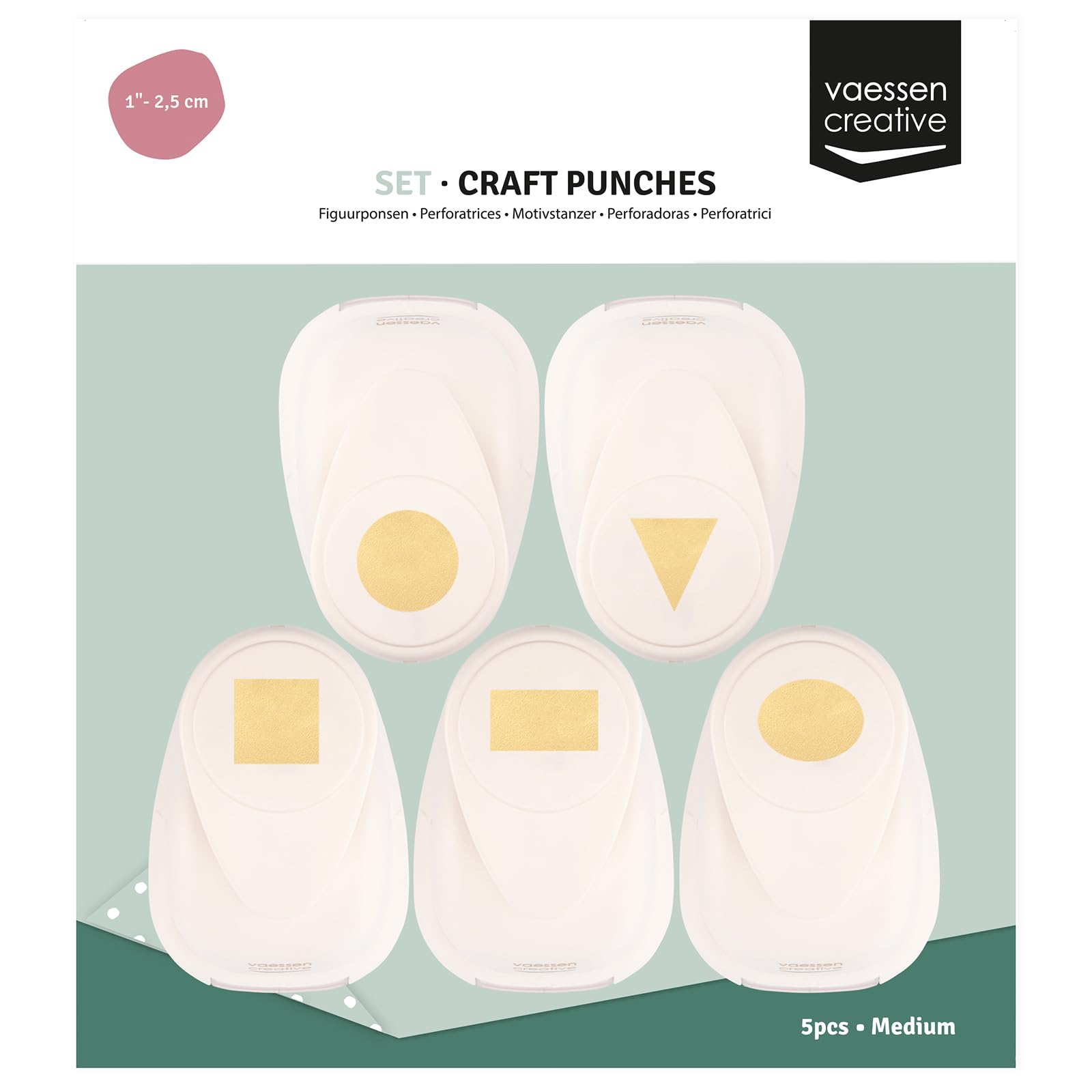 Vaessen Creative Fustellatrice per Carta Set 5 pz-Forme Geometriche-Ø, 2 x 1,9 cm, 1,8 cm, 2,3 1,8 x 2,5 cm-Accessori per Fai da Te, Scrapbooking e Biglietti, Bianco-Oro, Vari, 5 unità