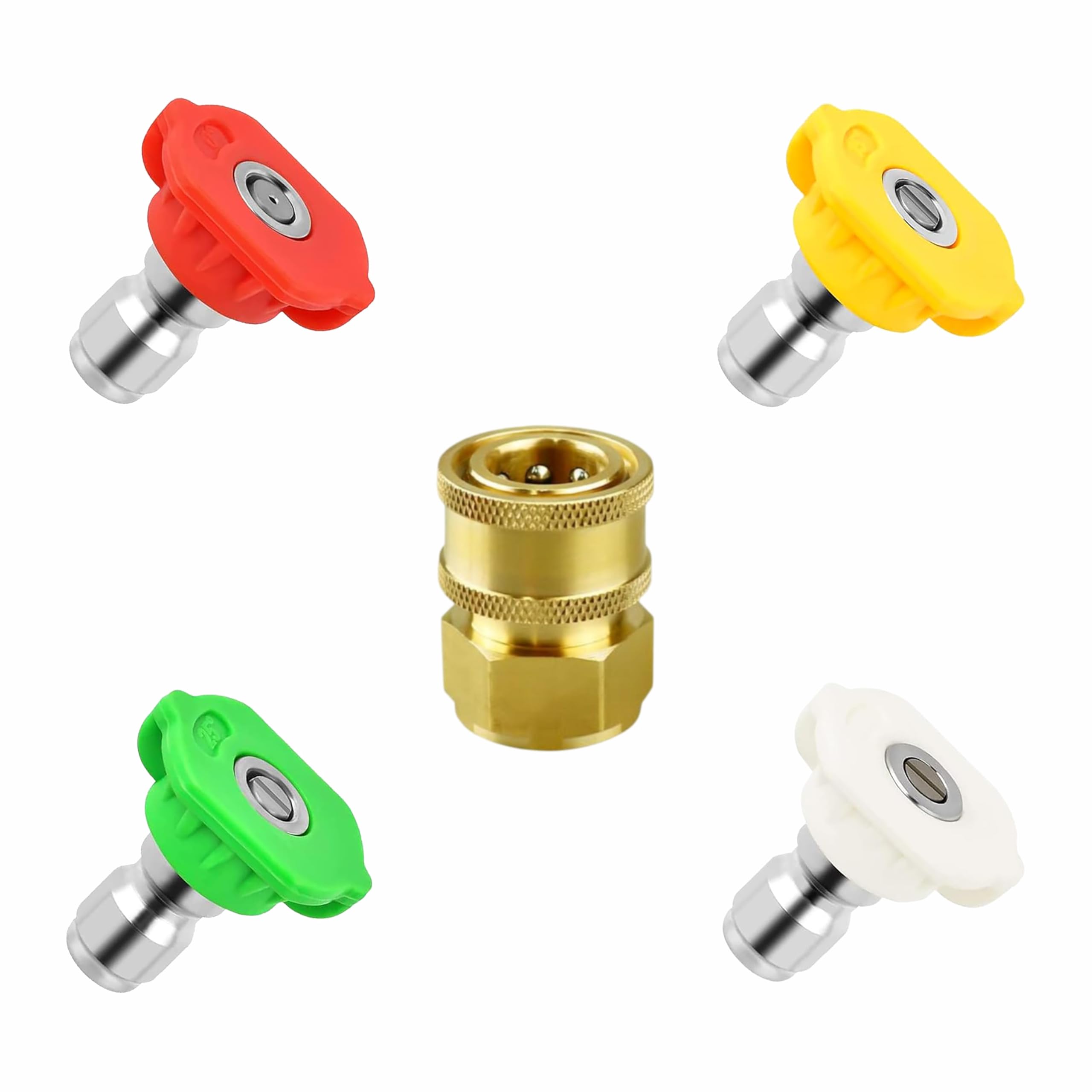 Premium Pressure Washer Nozzle Tips 1/4 inch | 4350PSI | 300Bar | 4pcs set 0, 15, 25, 40 With 1/4" Brass Quick Connector | Pack of 5 | Pressure Washer Accesories - (DS102 Combo)
