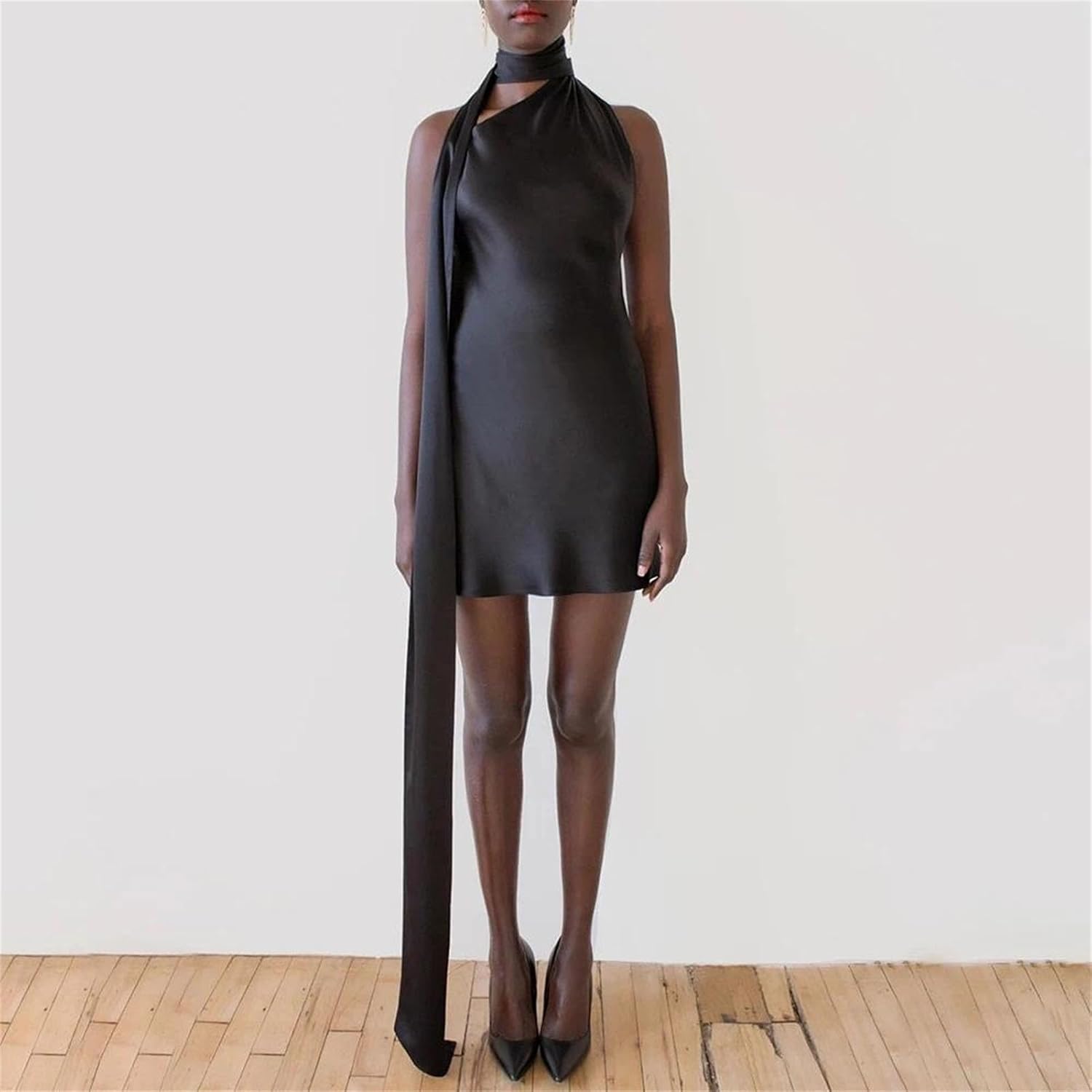 Women's Sophisticated Elegant Slimming Dress - Diagonal Collar Sleeveless High Waist Evening