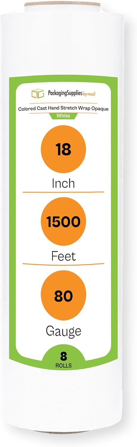 PSBM Dark White Stretch Wrap, 8 Rolls 18 Inch x 1500 Feet 80 Gauge Heavy Duty Plastic Wrap Industrial Strength Shrink Film for Moving, Packing & Shipping