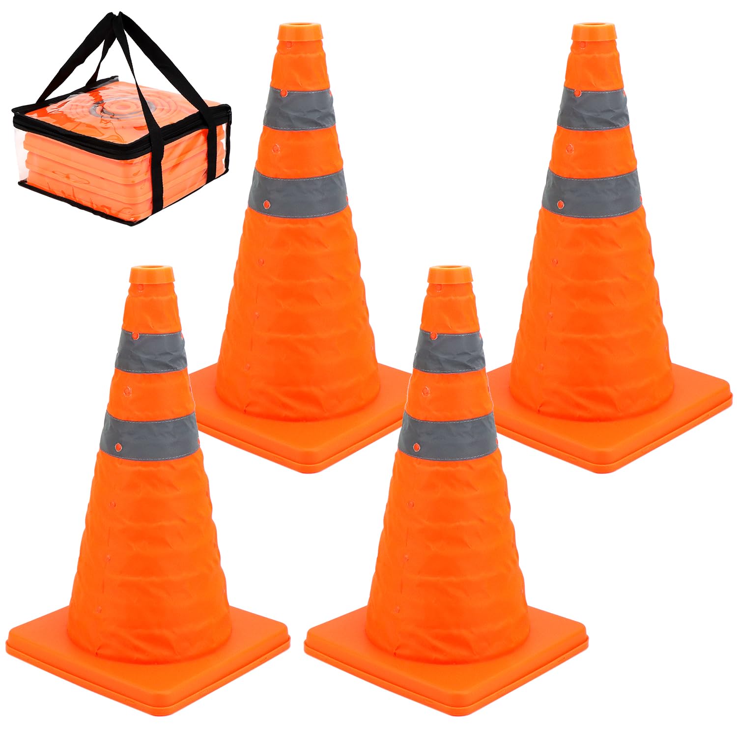 Qwork Qwork® 4 Pcs 18" Collapsible Traffic Safety Cones, Reflective Safety Cone, Pop Up Road Parking Cones For Emergency Warning