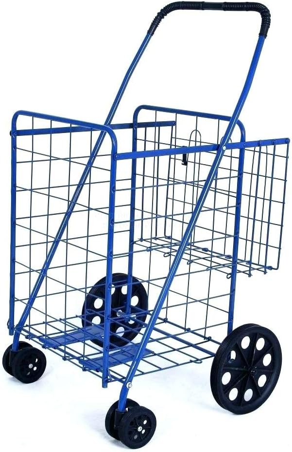 Swivel Wheels FOLDING SHOPPING/LAUNDRY CART with Double Basket Cart - Blue